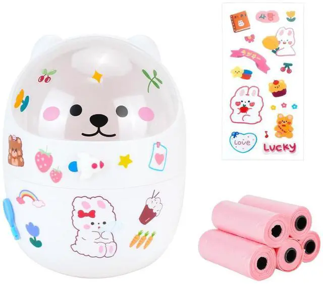 Main image of Mini Trash Can, Cute Small Trash Can with Lid, Desktop Paper Bin with 5 Rolls of Bin Liners, Portable Tabletop Dustbin, Cartoon Animal Rubbish Storage for Office Bedroom Desk KitchenWhite