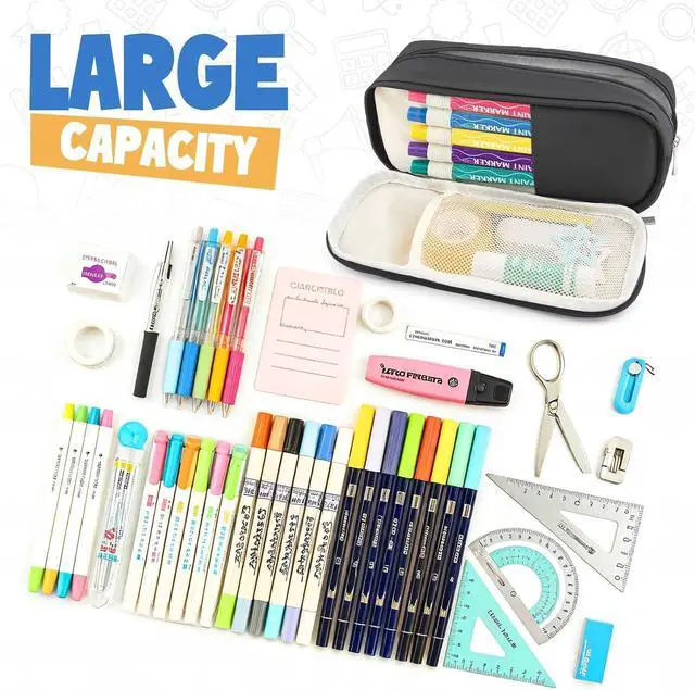 Alt view image 6 of 7 - Pencil Case Large Capacity Pencil Pouch Holder Box Marker Storage Bag Desk Organizer Stationery Organizer for School Supplies Office Travel Organizers Office College