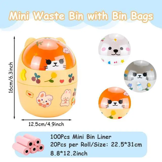 Alt view image 2 of 7 - Mini Trash Can, Cute Small Trash Can with Lid, Desktop Paper Bin with 5 Rolls of Bin Liners, Portable Tabletop Dustbin, Cartoon Animal Rubbish Storage for Office Bedroom Desk KitchenWhite