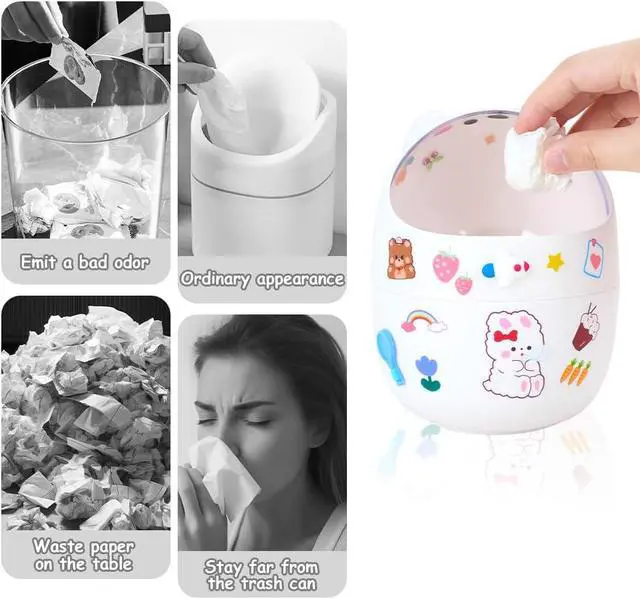Alt view image 4 of 7 - Mini Trash Can, Cute Small Trash Can with Lid, Desktop Paper Bin with 5 Rolls of Bin Liners, Portable Tabletop Dustbin, Cartoon Animal Rubbish Storage for Office Bedroom Desk KitchenWhite