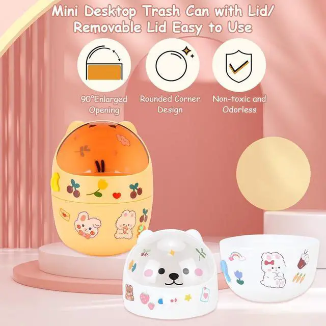 Alt view image 3 of 7 - Mini Trash Can, Cute Small Trash Can with Lid, Desktop Paper Bin with 5 Rolls of Bin Liners, Portable Tabletop Dustbin, Cartoon Animal Rubbish Storage for Office Bedroom Desk KitchenWhite