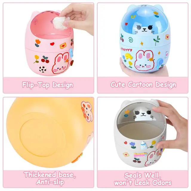 Alt view image 5 of 7 - Mini Trash Can, Cute Small Trash Can with Lid, Desktop Paper Bin with 5 Rolls of Bin Liners, Portable Tabletop Dustbin, Cartoon Animal Rubbish Storage for Office Bedroom Desk KitchenWhite