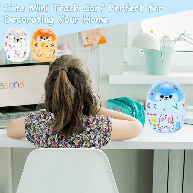 Alt view image 6 of 7 - Mini Trash Can, Cute Small Trash Can with Lid, Desktop Paper Bin with 5 Rolls of Bin Liners, Portable Tabletop Dustbin, Cartoon Animal Rubbish Storage for Office Bedroom Desk KitchenWhite