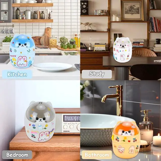 Alt view image 7 of 7 - Mini Trash Can, Cute Small Trash Can with Lid, Desktop Paper Bin with 5 Rolls of Bin Liners, Portable Tabletop Dustbin, Cartoon Animal Rubbish Storage for Office Bedroom Desk KitchenWhite