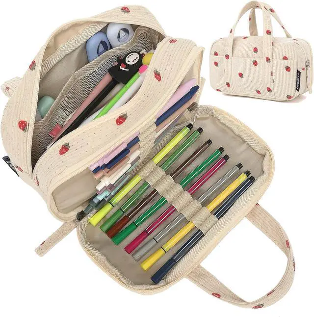 Alt view image 2 of 7 - Large Pencil Case Pouch, Extra Big Pencil Bags with Zipper, Cute Corduroy Pencil Pouch with 5 Compartments, Pen Bag Wide Opening, Pencil Pouch Organizer, Pencil Box for Teen Girls Adults