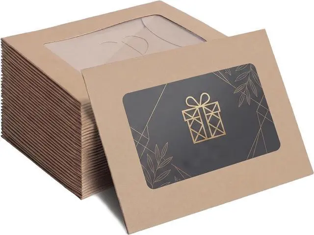 Main image of 50 Pack Window Gift Card Envelopes, 4 x 2.8 Inch Mini Kraft Paper Envelopes, Elegant Gift Card Holders with Heart Shaped Clasp for Holidays Party Business Gift Cards Invitation (Brown)