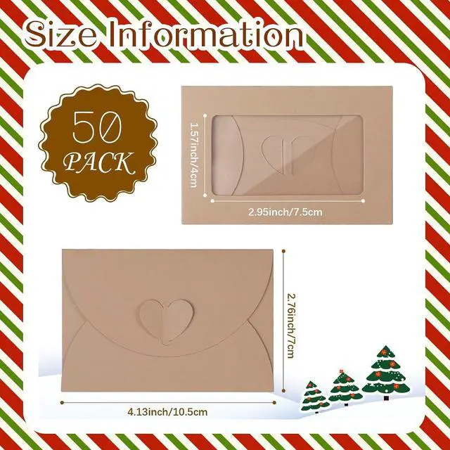 Alt view image 2 of 7 - 50 Pack Window Gift Card Envelopes, 4 x 2.8 Inch Mini Kraft Paper Envelopes, Elegant Gift Card Holders with Heart Shaped Clasp for Holidays Party Business Gift Cards Invitation (Brown)