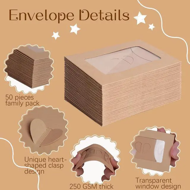 Alt view image 3 of 7 - 50 Pack Window Gift Card Envelopes, 4 x 2.8 Inch Mini Kraft Paper Envelopes, Elegant Gift Card Holders with Heart Shaped Clasp for Holidays Party Business Gift Cards Invitation (Brown)