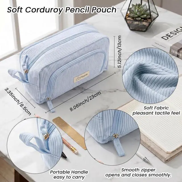 Alt view image 3 of 7 - Large Pencil Case Pouch, Soft Corduroy Pen Bag with Zipper, Pencil Organizer, Cute Aesthetic School Supplies for Teen Girls Adults