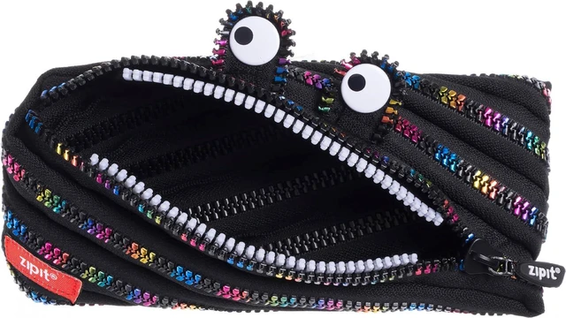 Main image of Monster Pencil Case for Kids, Cute Zipper Pouch for Boys Girls and Teens, Stationery Bag for School ,Black & Rainbow | One long zipper pouch with wide opening, machine washable, holds 30 pens & pencil