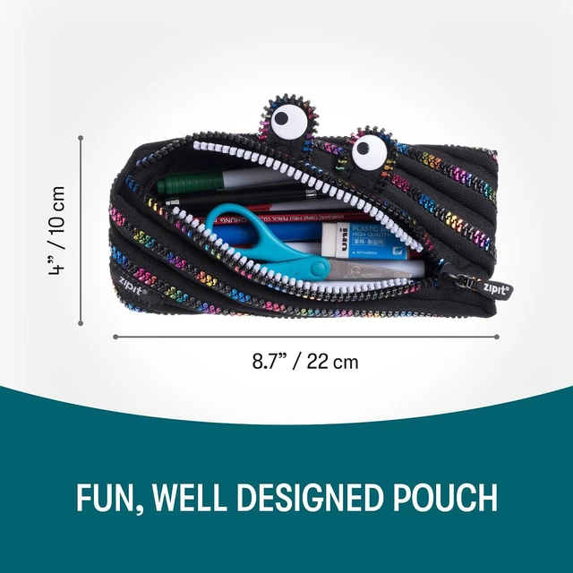 Alt view image 2 of 6 - Monster Pencil Case for Kids, Cute Zipper Pouch for Boys Girls and Teens, Stationery Bag for School ,Black & Rainbow | One long zipper pouch with wide opening, machine washable, holds 30 pens & pencil