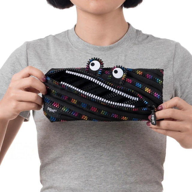Alt view image 5 of 6 - Monster Pencil Case for Kids, Cute Zipper Pouch for Boys Girls and Teens, Stationery Bag for School ,Black & Rainbow | One long zipper pouch with wide opening, machine washable, holds 30 pens & pencil