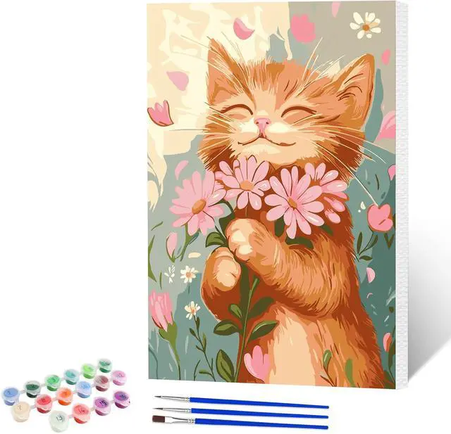 Main image of Cat Flower Paint by Numbers Kits for Adults Beginner with Wooden Framed, Color by Numbers on Canvas Painting Kits for Adults, Easy Paint DIY Acrylic for Home Wall Decor 8X12 Inch