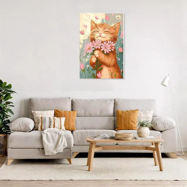 Alt view image 2 of 7 - Cat Flower Paint by Numbers Kits for Adults Beginner with Wooden Framed, Color by Numbers on Canvas Painting Kits for Adults, Easy Paint DIY Acrylic for Home Wall Decor 8X12 Inch