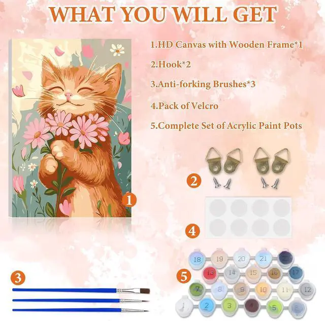 Alt view image 4 of 7 - Cat Flower Paint by Numbers Kits for Adults Beginner with Wooden Framed, Color by Numbers on Canvas Painting Kits for Adults, Easy Paint DIY Acrylic for Home Wall Decor 8X12 Inch