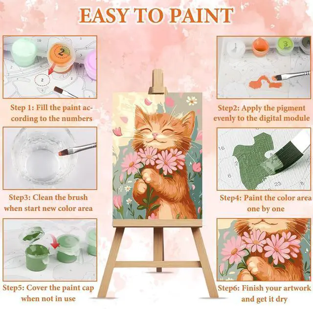 Alt view image 5 of 7 - Cat Flower Paint by Numbers Kits for Adults Beginner with Wooden Framed, Color by Numbers on Canvas Painting Kits for Adults, Easy Paint DIY Acrylic for Home Wall Decor 8X12 Inch