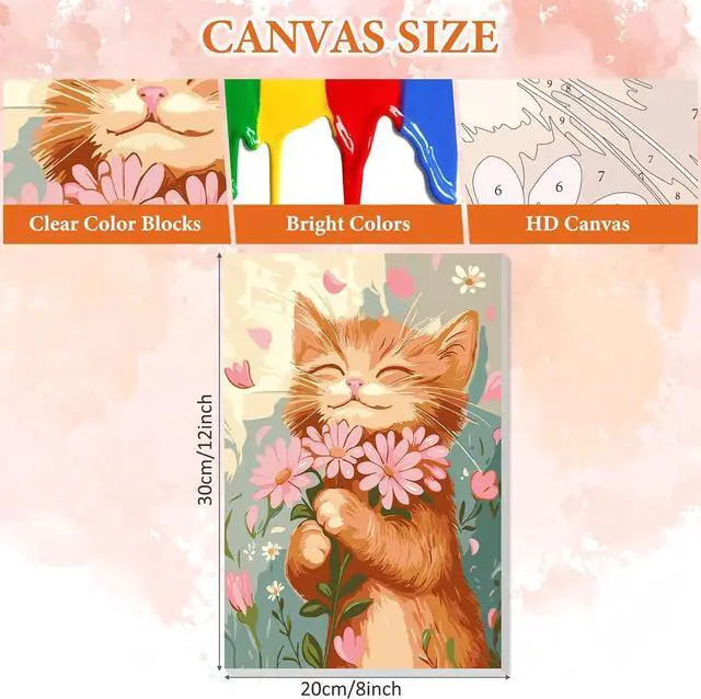 Alt view image 3 of 7 - Cat Flower Paint by Numbers Kits for Adults Beginner with Wooden Framed, Color by Numbers on Canvas Painting Kits for Adults, Easy Paint DIY Acrylic for Home Wall Decor 8X12 Inch