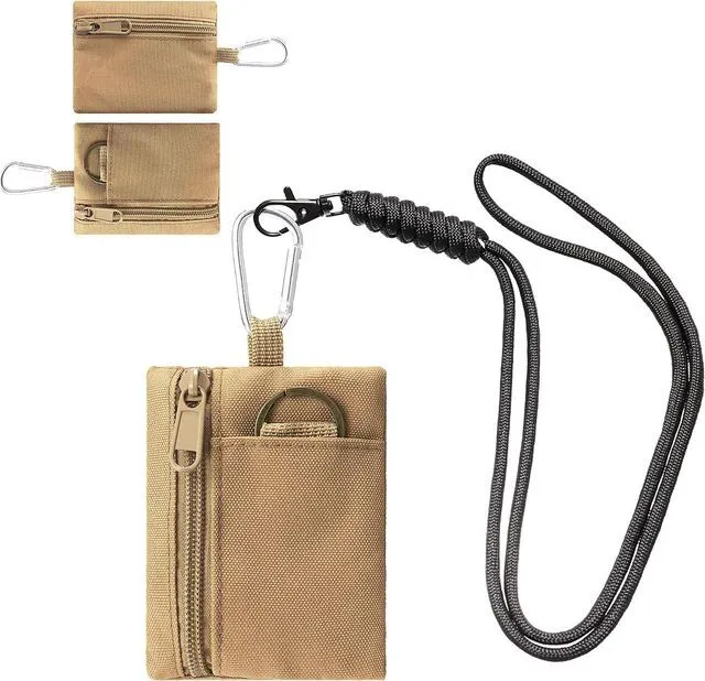 Main image of Mens Coin Pouch for Men Women, Canvas Zipper Mens Coin Purse-Khaki | Coin Purses Keychain with Neck Lanyard, Compact Wallet Change Purse for Coins, Tactical EDC Pocket Mini Tool Pouch