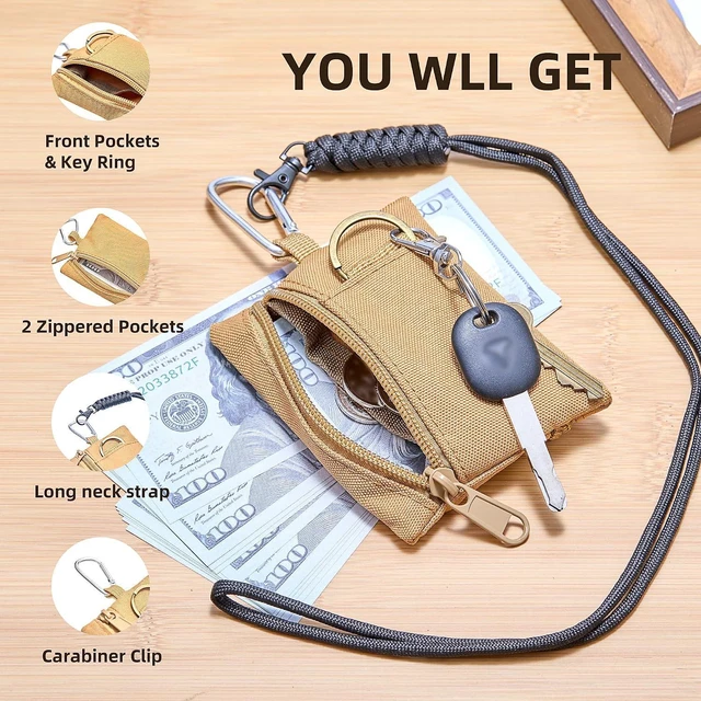 Alt view image 3 of 7 - Mens Coin Pouch for Men Women, Canvas Zipper Mens Coin Purse-Khaki | Coin Purses Keychain with Neck Lanyard, Compact Wallet Change Purse for Coins, Tactical EDC Pocket Mini Tool Pouch