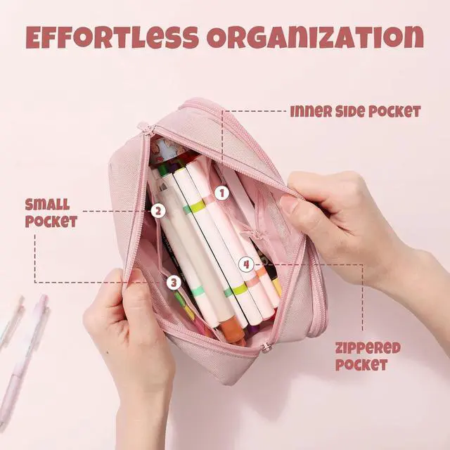Alt view image 3 of 7 - Pencil Case, Large Capacity Pencil Pouch, Aesthetic Big Pen Bag 900D Oxford Pen Box for Office Stationery Organizer School Supplies Multifunctional for Teen Boys Girls Women Men, Pink