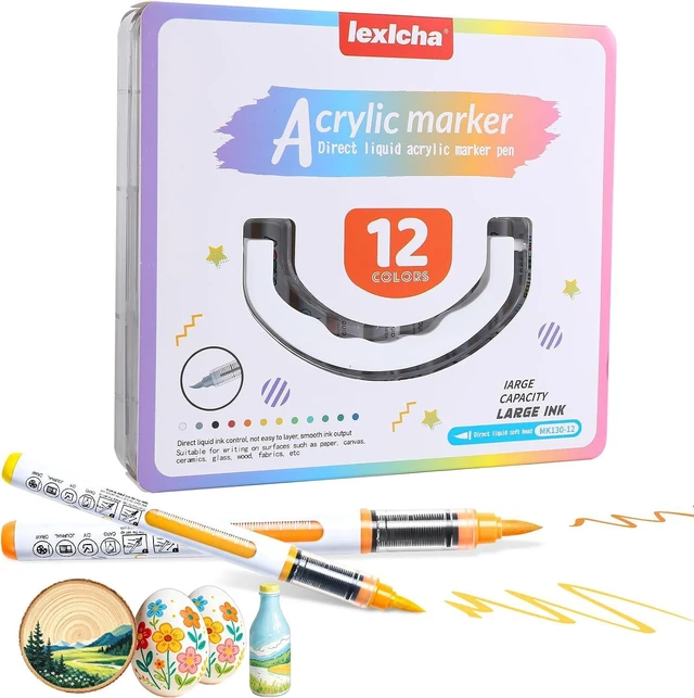 Main image of 12 Vivid Colors Acrylic Paint Markers with Portable Storage Case | Soft Brush Tip Acrylic Markers Set, Paint Markers for Canvas, Wood, Rocks, Fabric, Glass, DIY Crafts Art Supplies for Kids