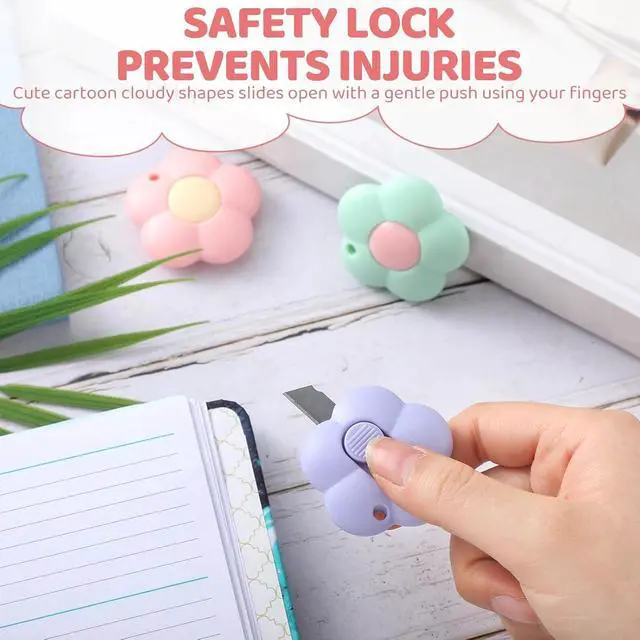 Alt view image 4 of 6 - 8 Pack Mini Box Cutter Retractable Utility Knife Flower Portable Letter Opener Cute Small Paper Cutter with Hole for Package Envelope Mail Office Home DIY Project(3 Colors)