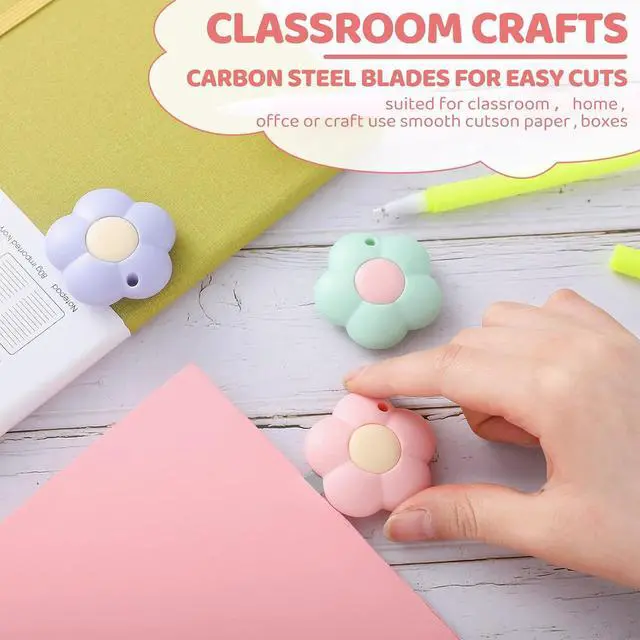 Alt view image 3 of 6 - 8 Pack Mini Box Cutter Retractable Utility Knife Flower Portable Letter Opener Cute Small Paper Cutter with Hole for Package Envelope Mail Office Home DIY Project(3 Colors)