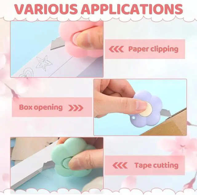 Alt view image 6 of 6 - 8 Pack Mini Box Cutter Retractable Utility Knife Flower Portable Letter Opener Cute Small Paper Cutter with Hole for Package Envelope Mail Office Home DIY Project(3 Colors)