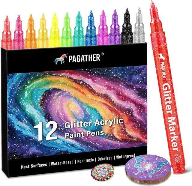 Main image of 12 Colors Glitter Markers, 0.7mm Extra Fine Tip Sparkling Acrylic Paint Pens for Crafts, Adult Coloring, and DIY Projects on Paper, Rock, Wood, Glass and Fabric | Extra Fine Tip Creates Precise Lines