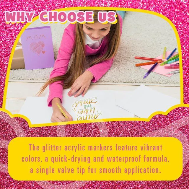 Alt view image 3 of 7 - 12 Colors Glitter Markers, 0.7mm Extra Fine Tip Sparkling Acrylic Paint Pens for Crafts, Adult Coloring, and DIY Projects on Paper, Rock, Wood, Glass and Fabric | Extra Fine Tip Creates Precise Lines