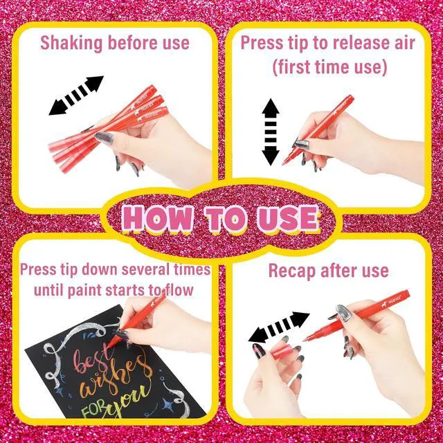 Alt view image 5 of 7 - 12 Colors Glitter Markers, 0.7mm Extra Fine Tip Sparkling Acrylic Paint Pens for Crafts, Adult Coloring, and DIY Projects on Paper, Rock, Wood, Glass and Fabric | Extra Fine Tip Creates Precise Lines
