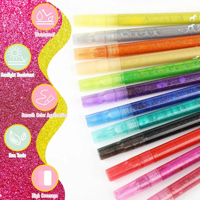 Alt view image 2 of 7 - 12 Colors Glitter Markers, 0.7mm Extra Fine Tip Sparkling Acrylic Paint Pens for Crafts, Adult Coloring, and DIY Projects on Paper, Rock, Wood, Glass and Fabric | Extra Fine Tip Creates Precise Lines