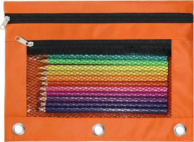 Main image of Pencil Pouch for 3 Ring Binder, Heavy Duty Canvas Dual Zipper Pen Bag with Clear Window, Smooth Metal Zipper, Fit Standard 3-Ring Binders for School Office Travel Supplies (Orange)