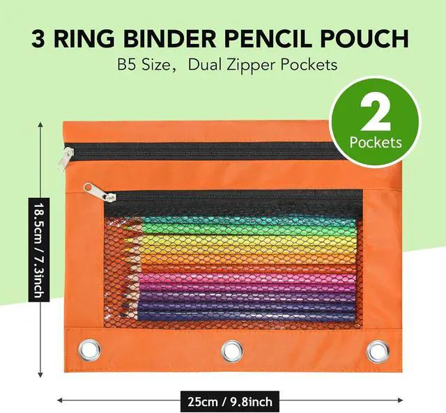 Alt view image 2 of 7 - Pencil Pouch for 3 Ring Binder, Heavy Duty Canvas Dual Zipper Pen Bag with Clear Window, Smooth Metal Zipper, Fit Standard 3-Ring Binders for School Office Travel Supplies (Orange)