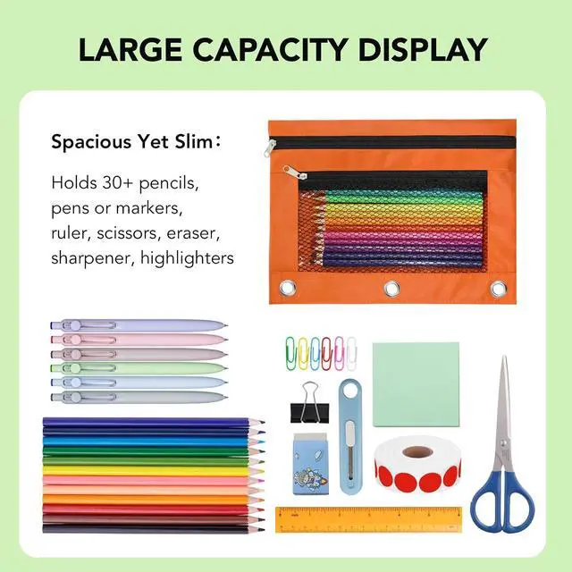 Alt view image 3 of 7 - Pencil Pouch for 3 Ring Binder, Heavy Duty Canvas Dual Zipper Pen Bag with Clear Window, Smooth Metal Zipper, Fit Standard 3-Ring Binders for School Office Travel Supplies (Orange)