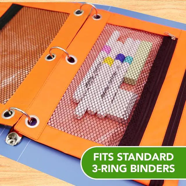 Alt view image 4 of 7 - Pencil Pouch for 3 Ring Binder, Heavy Duty Canvas Dual Zipper Pen Bag with Clear Window, Smooth Metal Zipper, Fit Standard 3-Ring Binders for School Office Travel Supplies (Orange)