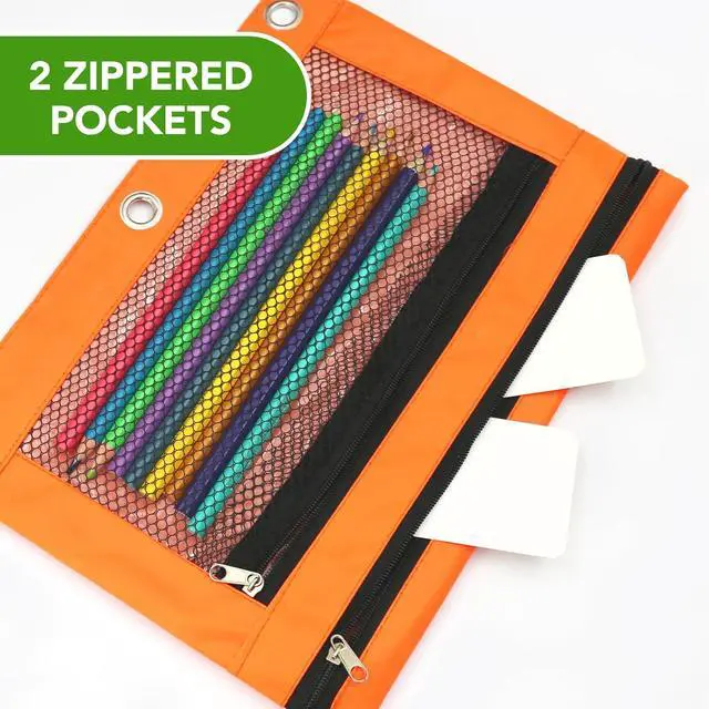 Alt view image 6 of 7 - Pencil Pouch for 3 Ring Binder, Heavy Duty Canvas Dual Zipper Pen Bag with Clear Window, Smooth Metal Zipper, Fit Standard 3-Ring Binders for School Office Travel Supplies (Orange)