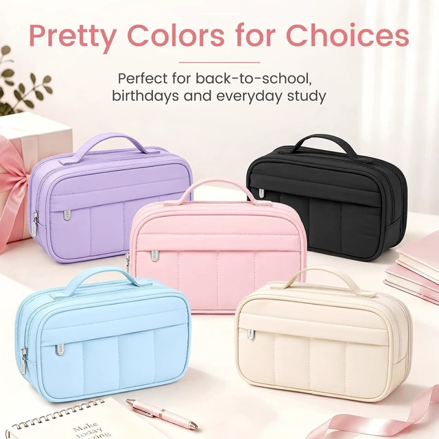 Alt view image 2 of 7 - Pencil Case for Girls, Cute Large Capacity Pencil Pouch Pen Bag, Pink | Cute Aesthetic Multi-Compartment Pencil Box Stationery Organizer with Zipper, Portable Back to School Supplies