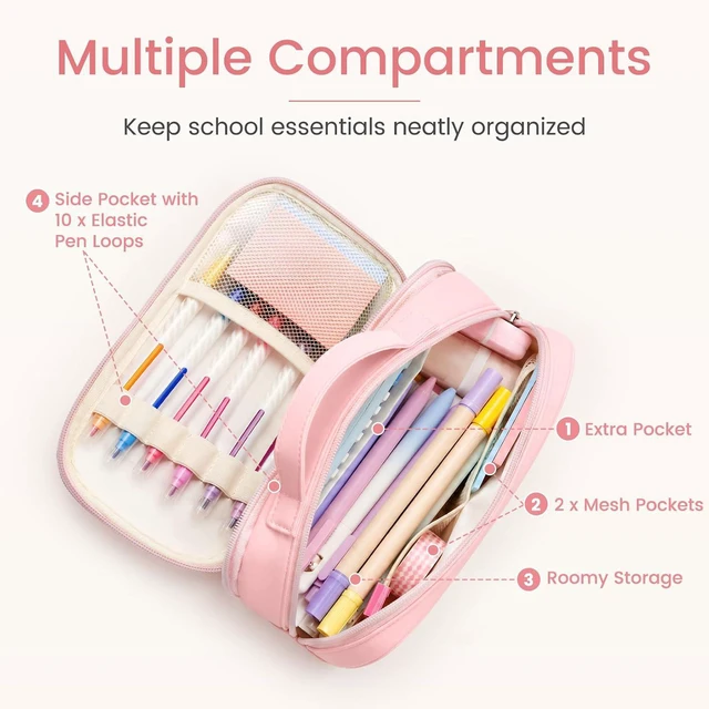 Alt view image 4 of 7 - Pencil Case for Girls, Cute Large Capacity Pencil Pouch Pen Bag, Pink | Cute Aesthetic Multi-Compartment Pencil Box Stationery Organizer with Zipper, Portable Back to School Supplies