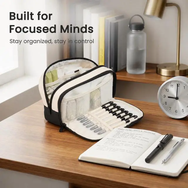 Alt view image 2 of 7 - Pencil Case, Pencil Pouch Large Capacity, Pen Bag Storage Organizer | Clean Two-Tone Design, Multiple Compartments, Versatile Storage, Smooth Durable Zippers, Water-Resistant Fabric, Stable Base