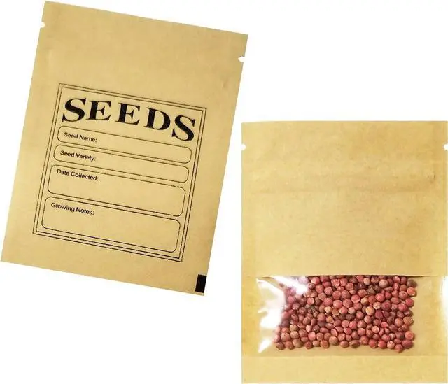 Main image of Resealable Seeds Envelopes Kraft Paper Window Bags 100Pcs 2.7x3.7inch | Small Paper Seeds Packets Resealable with Preprinted Seed Collecting Template for Garden Flower Plants Vegetable Seed Packing