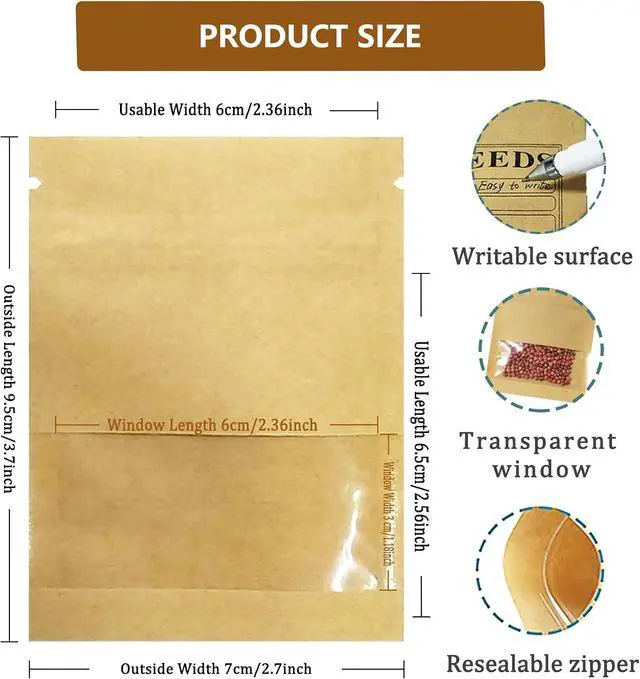 Alt view image 3 of 5 - Resealable Seeds Envelopes Kraft Paper Window Bags 100Pcs 2.7x3.7inch | Small Paper Seeds Packets Resealable with Preprinted Seed Collecting Template for Garden Flower Plants Vegetable Seed Packing