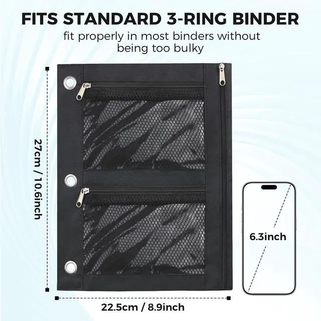 Alt view image 2 of 7 - Large Pencil Pouch for 3 Ring Binder, Zipper Pockets Pen Case, 600D Oxford Fabric Large Capacity Pencil Case for Students Teachers Office, Back to School Supplies (Black)