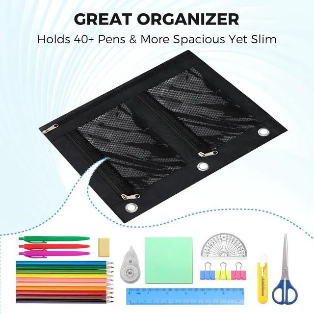 Alt view image 4 of 7 - Large Pencil Pouch for 3 Ring Binder, Zipper Pockets Pen Case, 600D Oxford Fabric Large Capacity Pencil Case for Students Teachers Office, Back to School Supplies (Black)