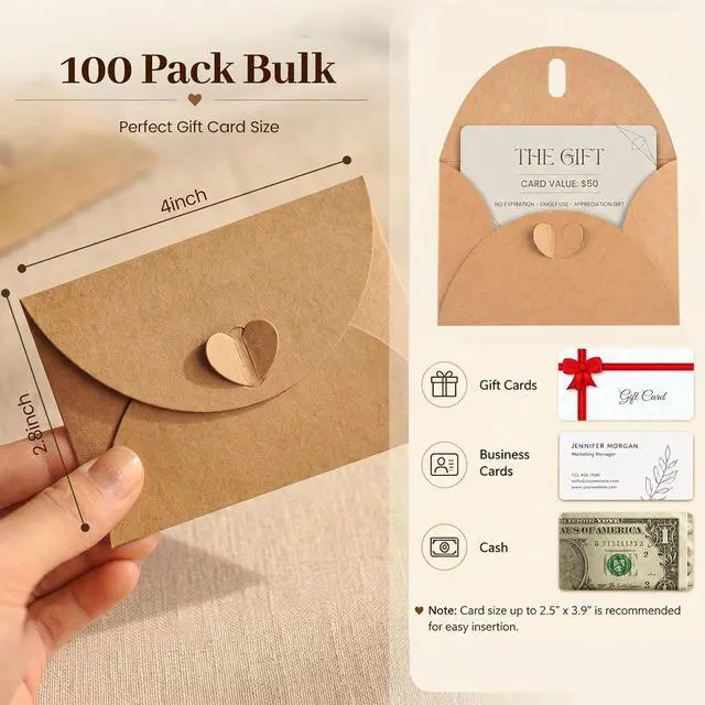 Alt view image 2 of 6 - 100 PCS Mini Gift Card Envelopes, 4X2.8 inch Gift Card Holders | Heart Clasp, Wedding, Birthday, Baby Shower, Business Cards