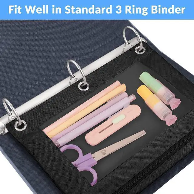 Alt view image 2 of 7 - Sooez Pencil Pouch for 3 Ring Binder, 2 Pack Binder Pencil Pouch with Clear Window Pencil Bags with Zipper & Reinforced Grommets, Pencil Case for Binder Azure Blue & Black