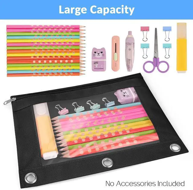 Alt view image 4 of 7 - Sooez Pencil Pouch for 3 Ring Binder, 2 Pack Binder Pencil Pouch with Clear Window Pencil Bags with Zipper & Reinforced Grommets, Pencil Case for Binder Azure Blue & Black