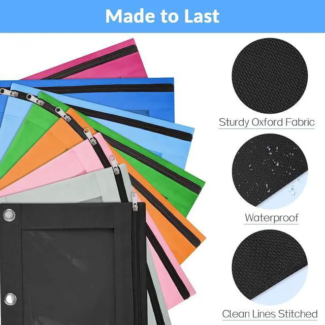 Alt view image 3 of 7 - Sooez Pencil Pouch for 3 Ring Binder, 2 Pack Binder Pencil Pouch with Clear Window Pencil Bags with Zipper & Reinforced Grommets, Pencil Case for Binder Azure Blue & Black