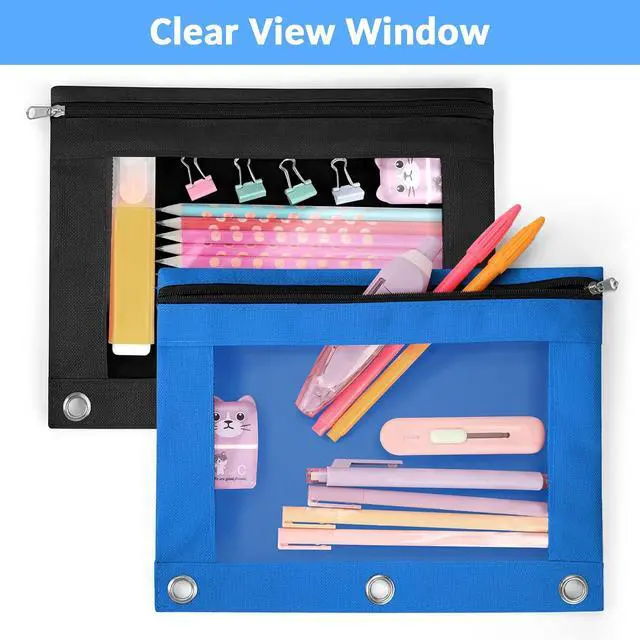 Alt view image 6 of 7 - Sooez Pencil Pouch for 3 Ring Binder, 2 Pack Binder Pencil Pouch with Clear Window Pencil Bags with Zipper & Reinforced Grommets, Pencil Case for Binder Azure Blue & Black