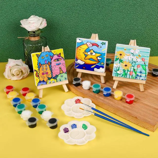 Alt view image 6 of 7 - 6 Set Mini Acrylic Paint Kit, Mini Stretched Canvas with Easel | Acrylic Paint Strips, Paint Palettes, Painting Brushes, Mini Canvas and Easel Set for Kids Artists Beginner, Gift